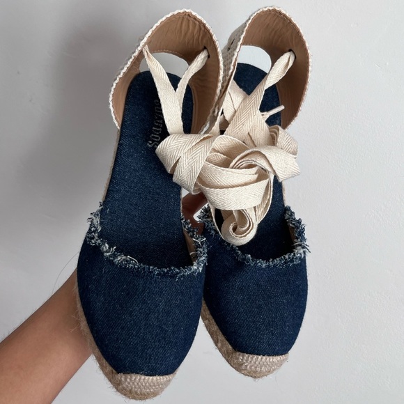 Stylish Navy and Beige Espadrille Wedges - Picture 2 of 8